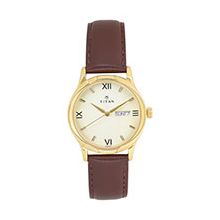 TITAN  Champagne Dial Brown Leather Strap Watch - 1580YL05