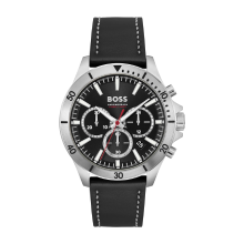 BOSS Troper Men's Chronograph Stainless Steel Case and Leather Strap Watch (Black)