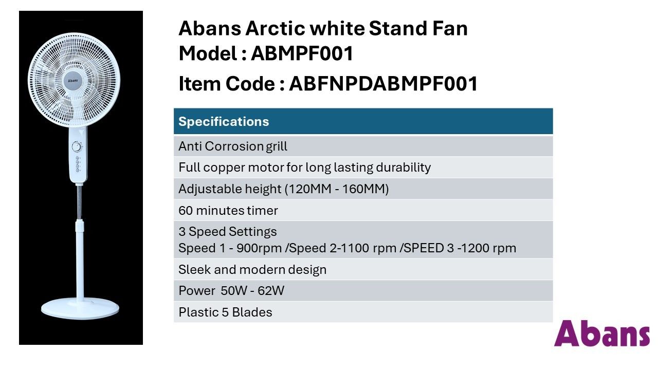 Abans Arctic White Stand Fan - Rust Free
